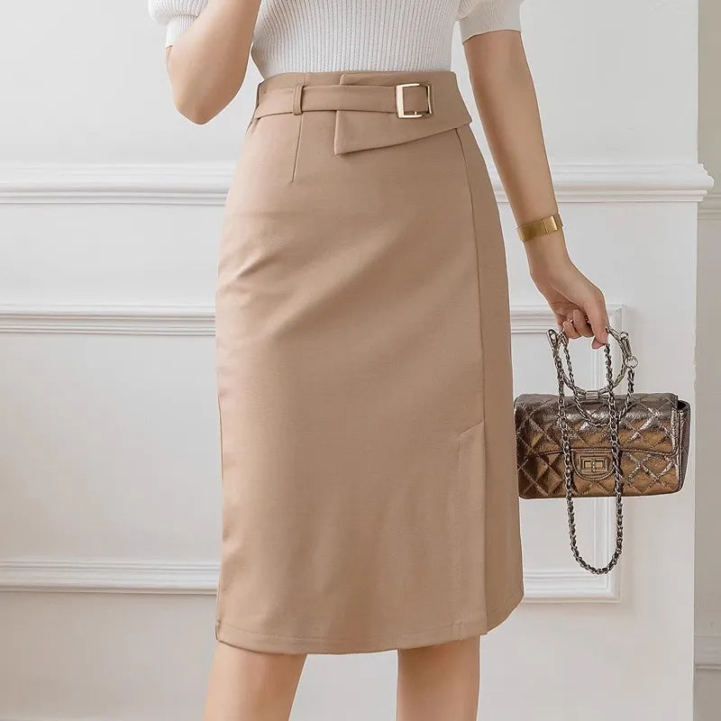 Spring Summer Office Lady Stretch Pencil Skirt Irregular High Waist Front Split Sheath Wrap Midi Skirts Female Workwear Faldas