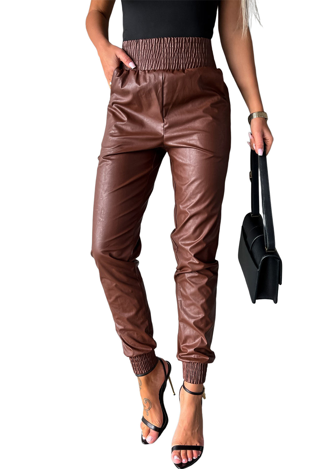 Brown Smocked High-Waist Leather Skinny Pants