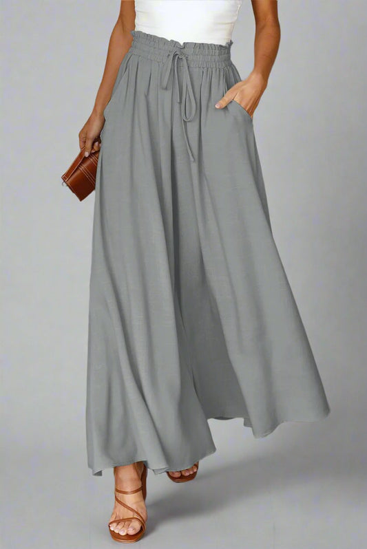 Gray Drawstring Smocked Wide Leg Pants