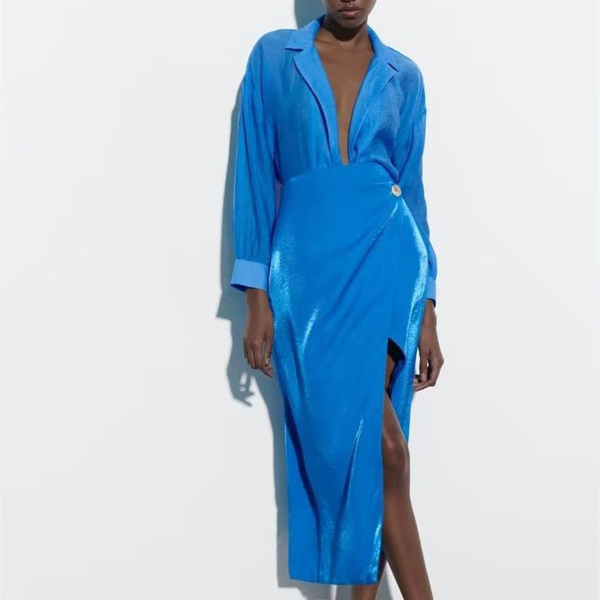 Double Breasted Silk Satin Sarong Skirt Set With Belt