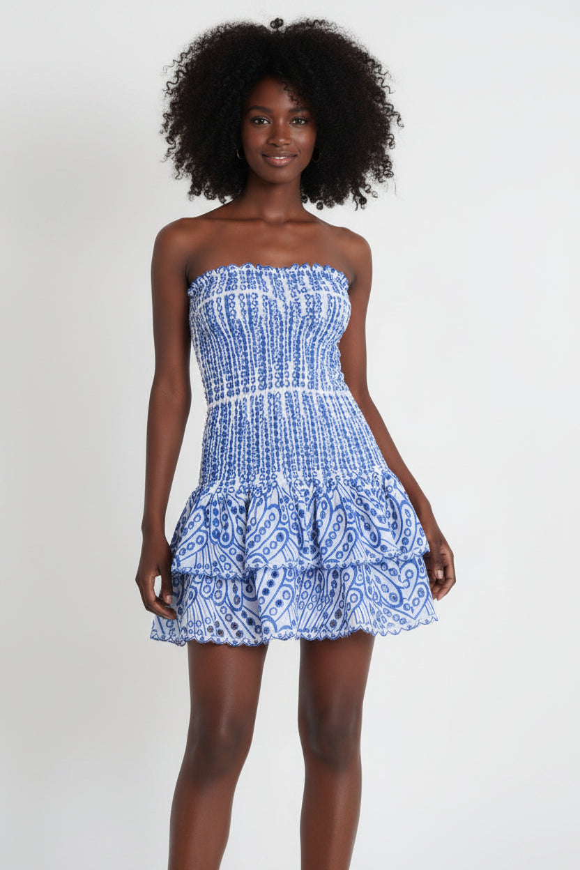 Strapless Slim Ruffle Hem Embroidered Short Dress