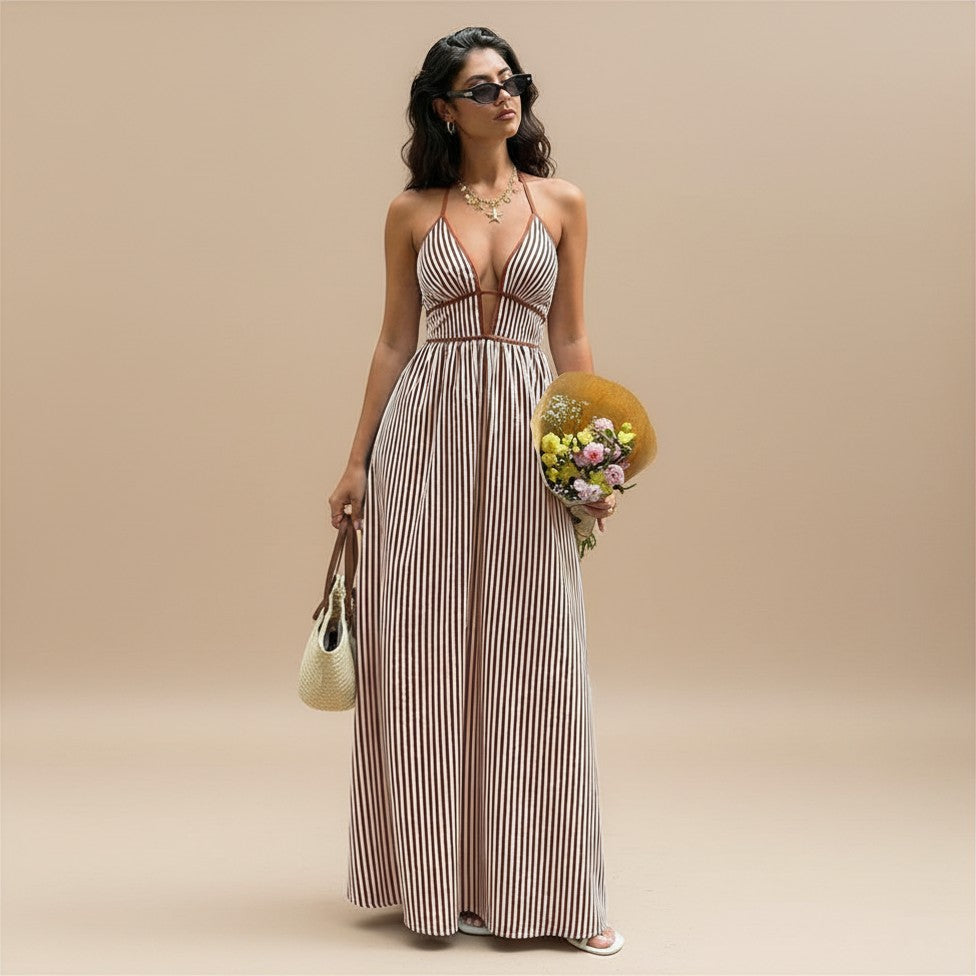 V neck Striped Vacation Maxi Dress