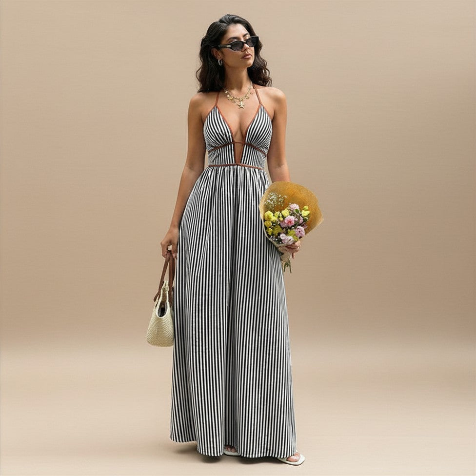 V neck Striped Vacation Maxi Dress