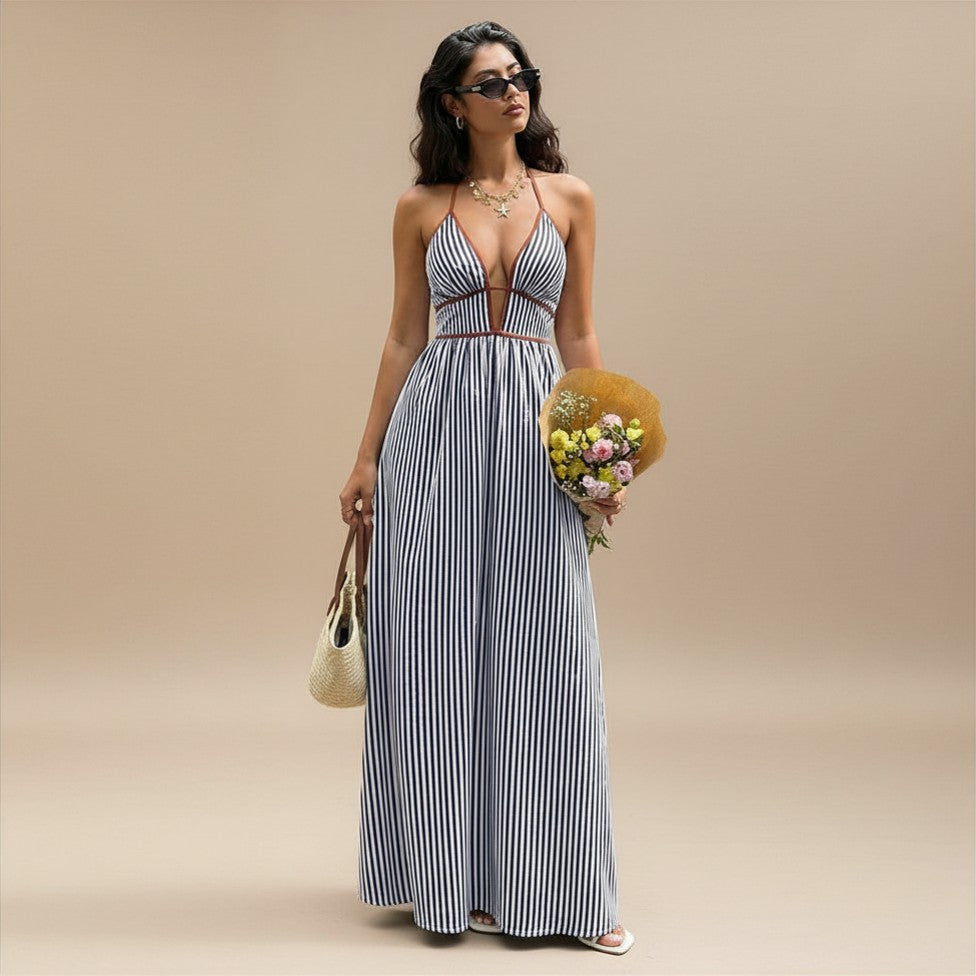 V neck Striped Vacation Maxi Dress