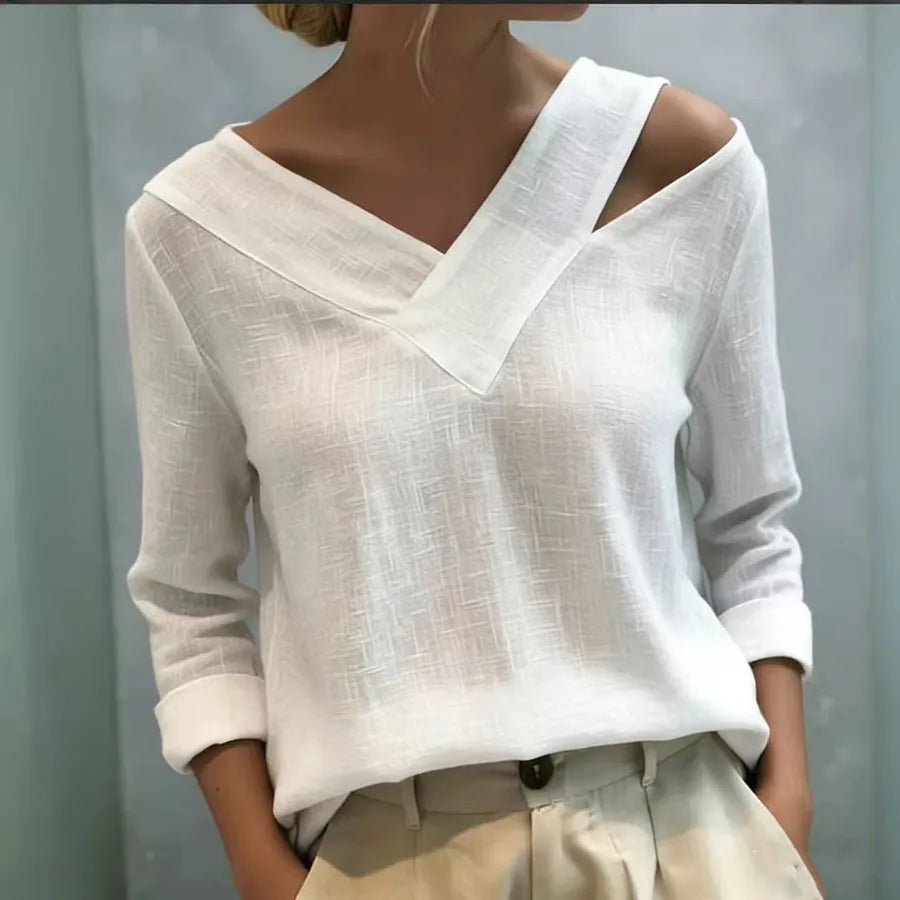 Solid Color Long Sleeve V-Neck Patchwork Top
