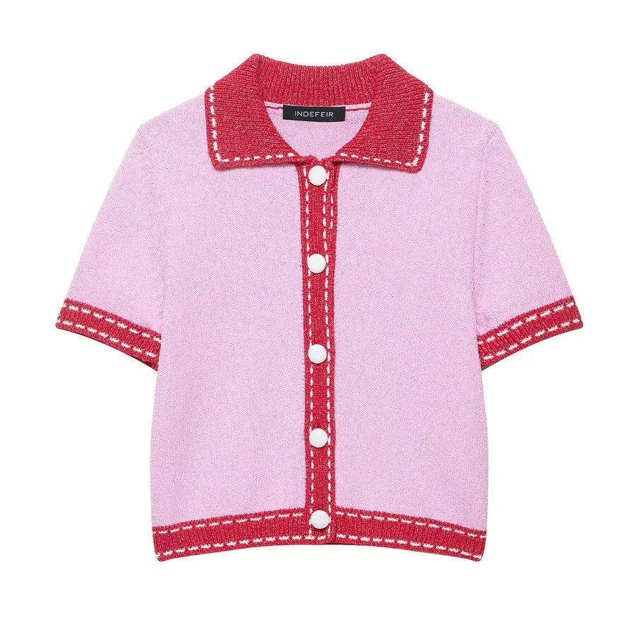 Color Block Classic Knitted Pink Top