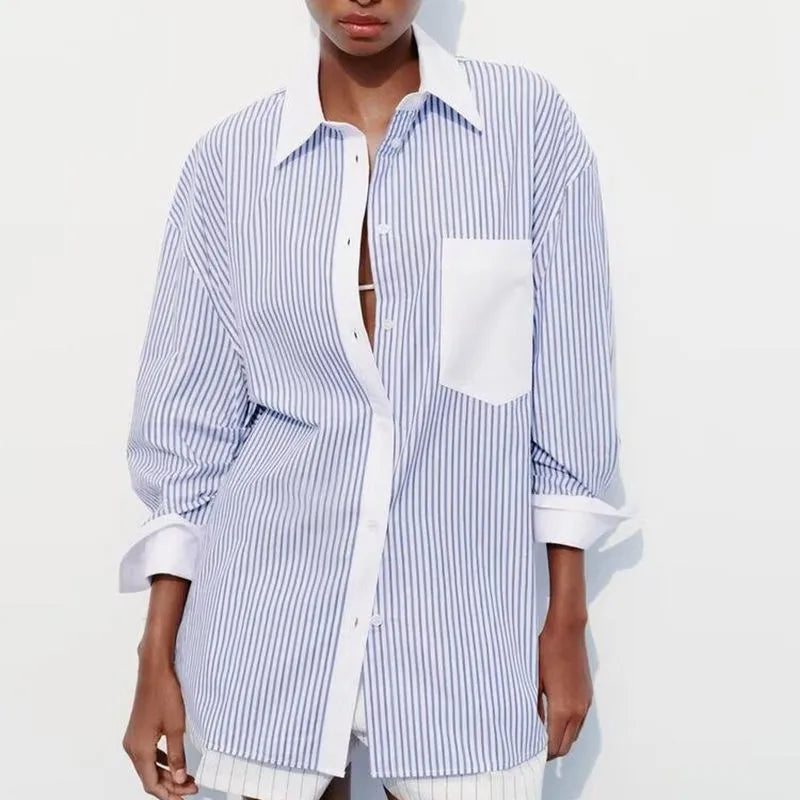 White Patch Stripe Long Sleeve Button Blouses
