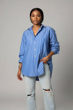 Casual Blue and White Striped Commuting Button Blouse