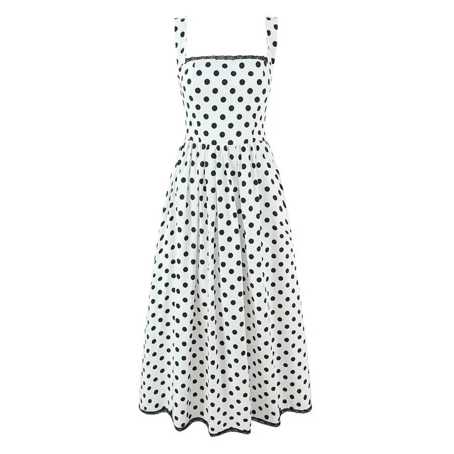 Polka Dot Lace-Trim Sleeveless Maxi Dress