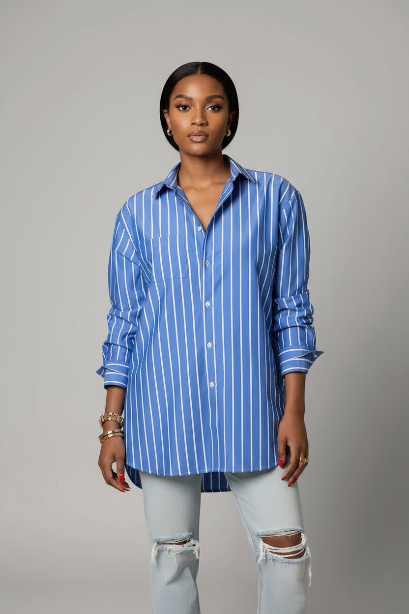 Casual Blue and White Striped Commuting Button Blouse