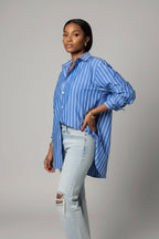 Casual Blue and White Striped Commuting Button Blouse