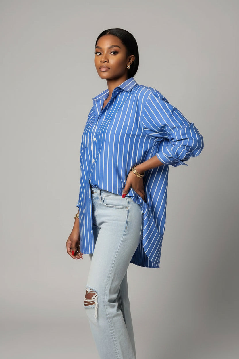 Casual Blue and White Striped Commuting Button Blouse
