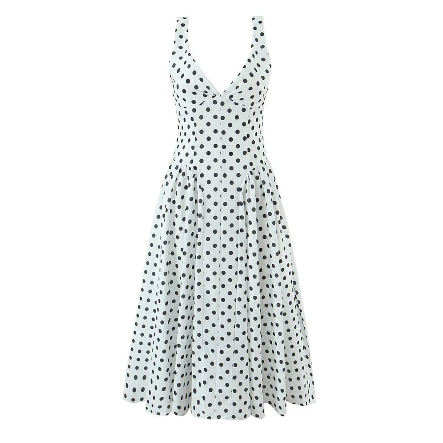 Polka Dot Deep V-Neck Sleeveless Midi Dress