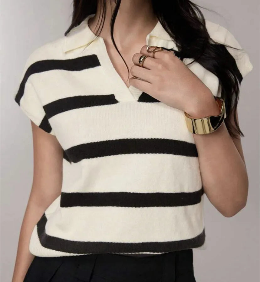 Striped Polo Knit Top