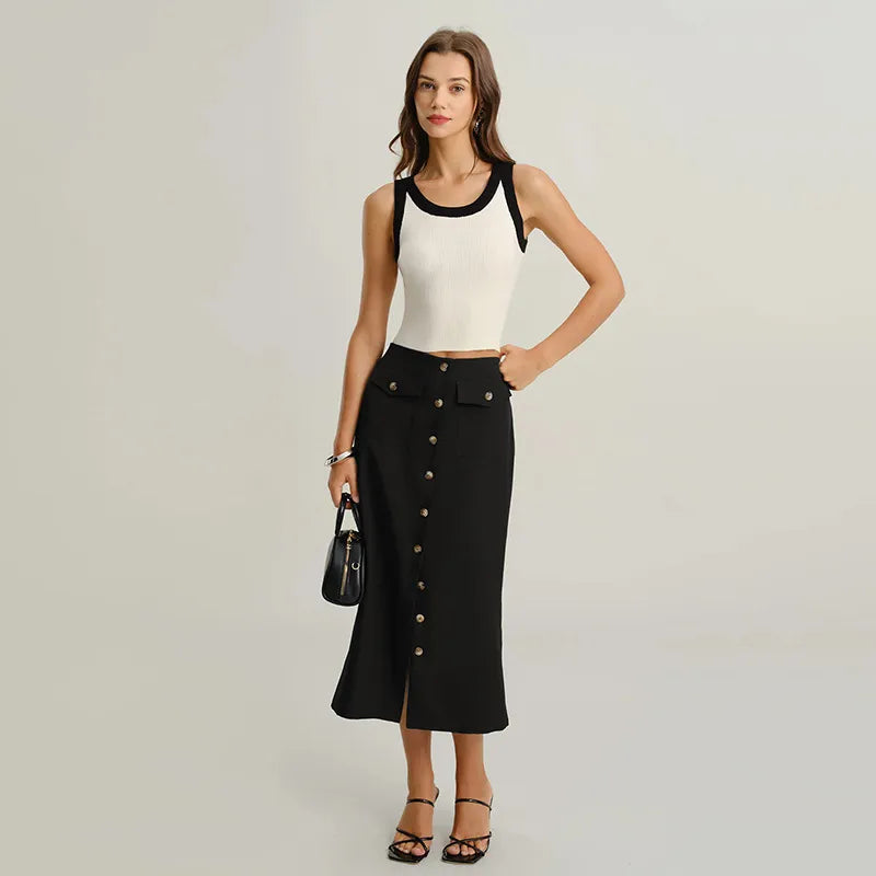 Noir Classic Button Straight Midi Skirt