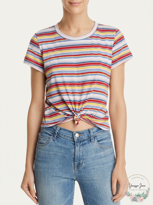 AQUA Women's Stripe Twist-Front Crewneck Tee, Medium