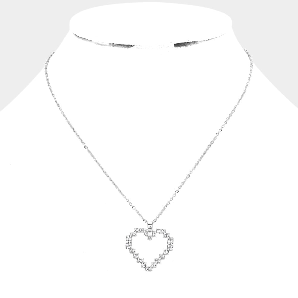Rhinestone Embellished Open Heart Pendant Necklace