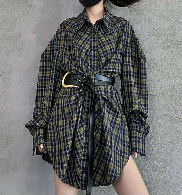 Retro Plaid Dress Top with Belt