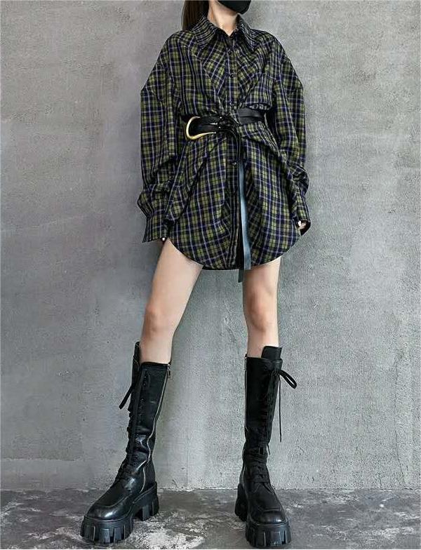 Retro Plaid Dress Top with Belt