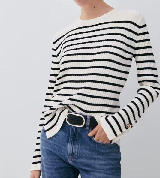 Women Clothing Autumn Ultra Fine Cotton Round Neck Simple Round Neck Striped French Sweater