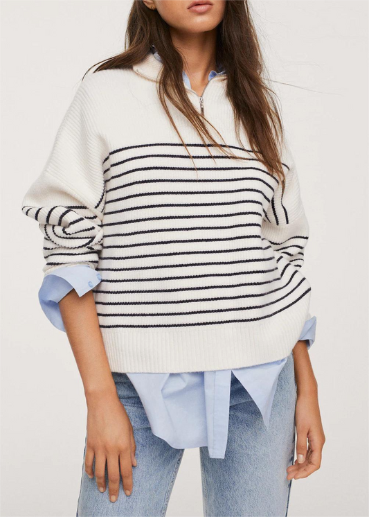 Striped Zip-up Turtleneck Sweater