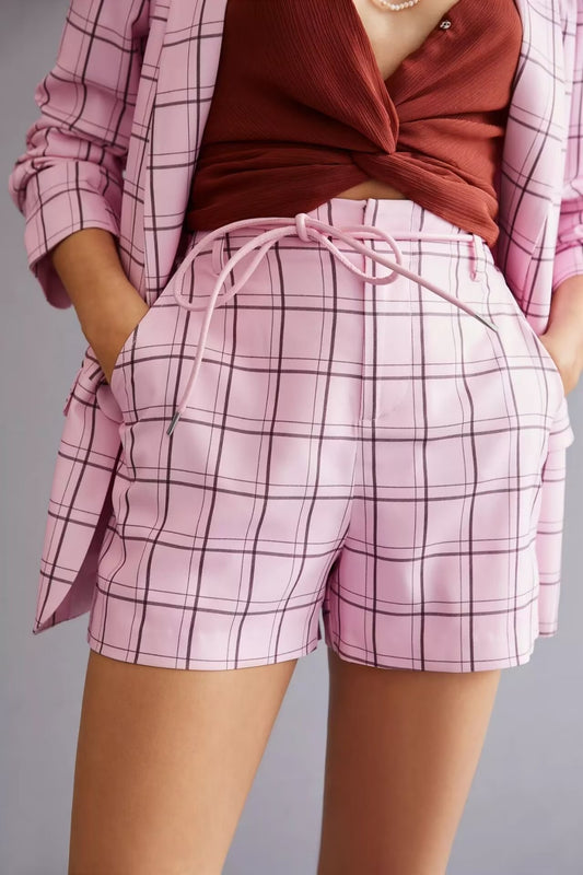 Waist Tied Pink Plaid Straight Leg Dress Shorts