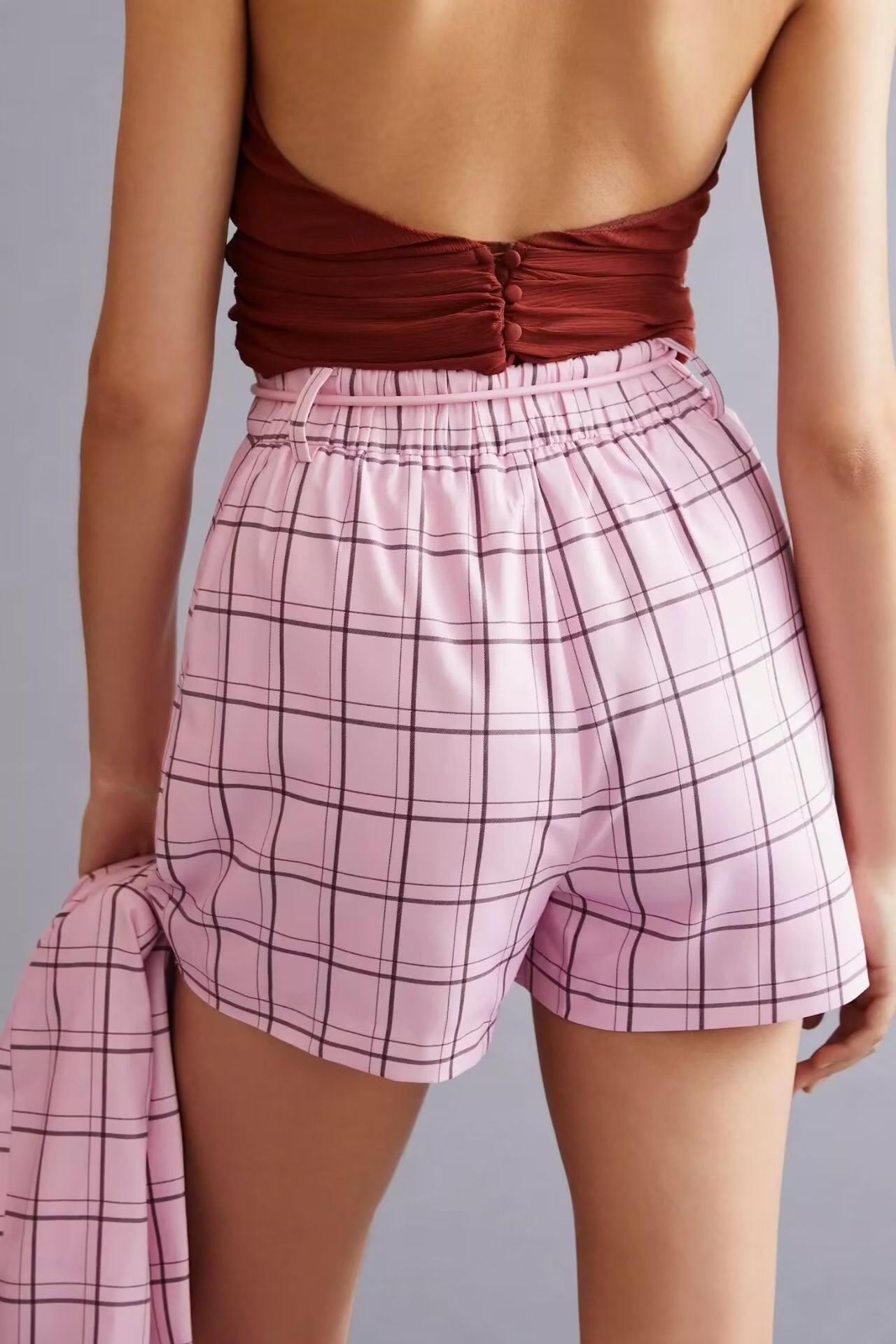Waist Tied Pink Plaid Straight Leg Dress Shorts