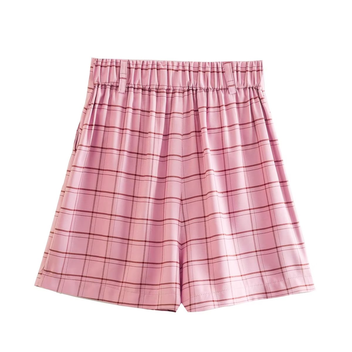 Waist Tied Pink Plaid Straight Leg Dress Shorts