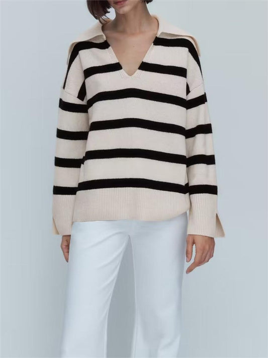 Polo Collar Stripes Knitted Sweater