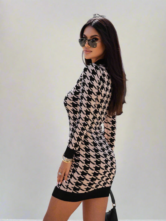 Bird Check Long Sleeve Printed Dress