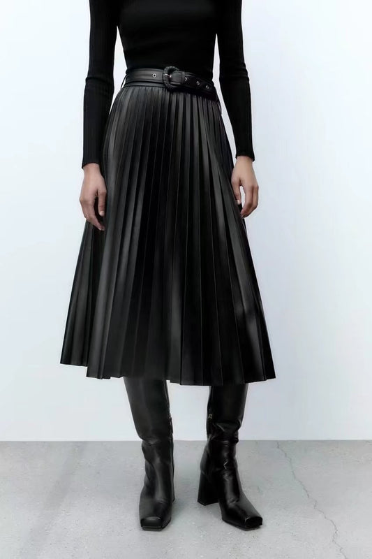 Slim Fit Faux Leather Midi Pleated Skirt - ALL HERZ FASHIONS