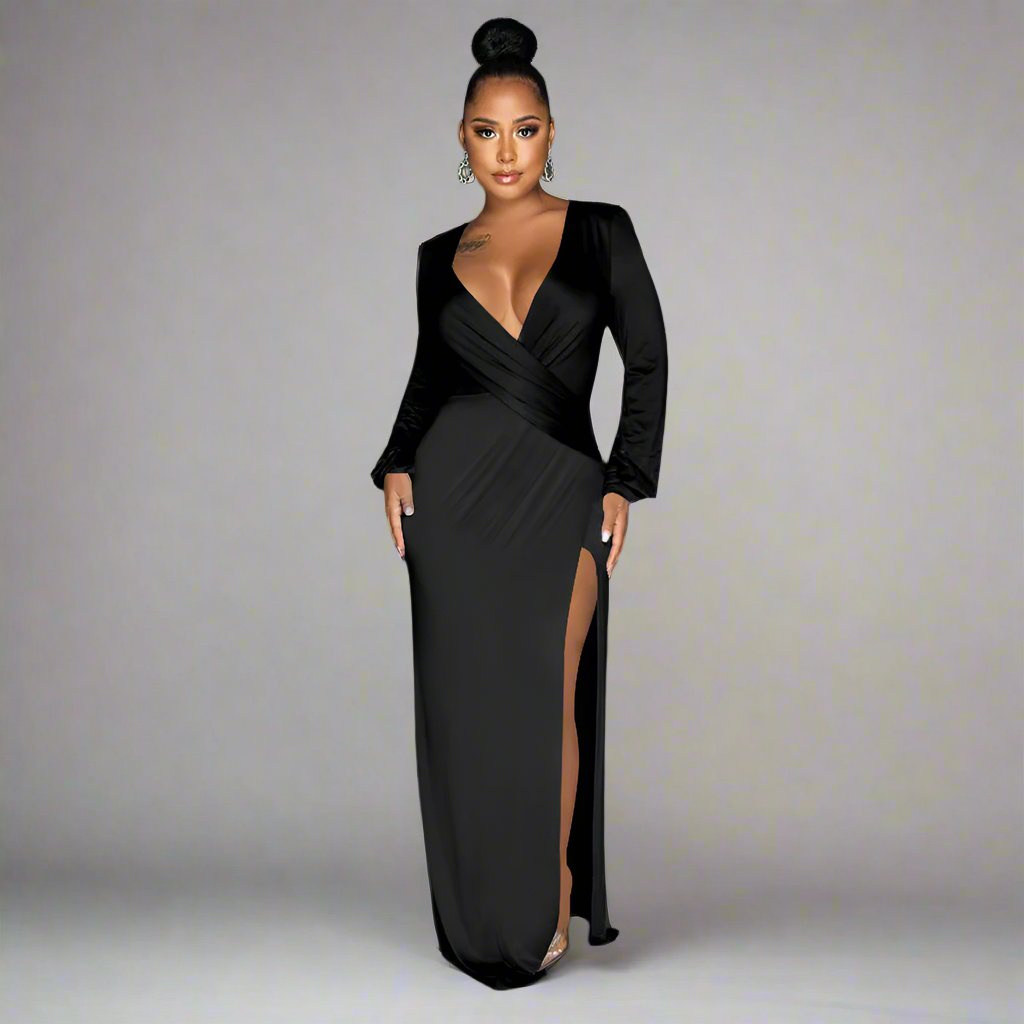 Lantern Sleeve Slit Mop Dress