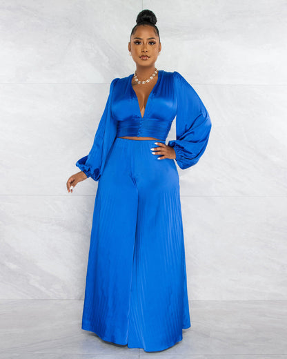 Pleated V-neck Top & Wide Leg Pants Sets