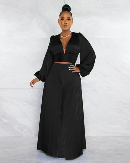 Pleated V-neck Top & Wide Leg Pants Sets