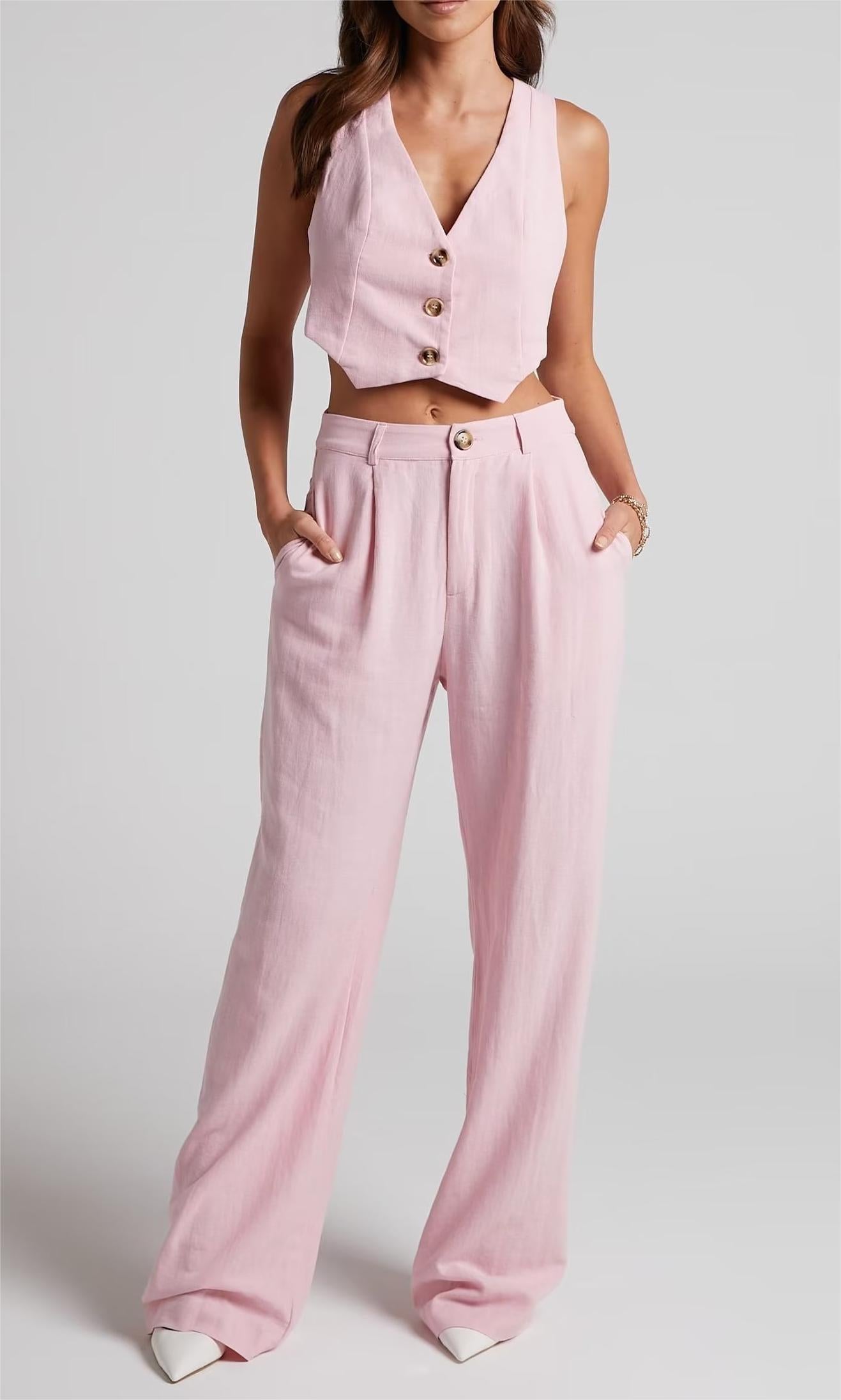 Button Vest Top & Wide Leg Pants Suit