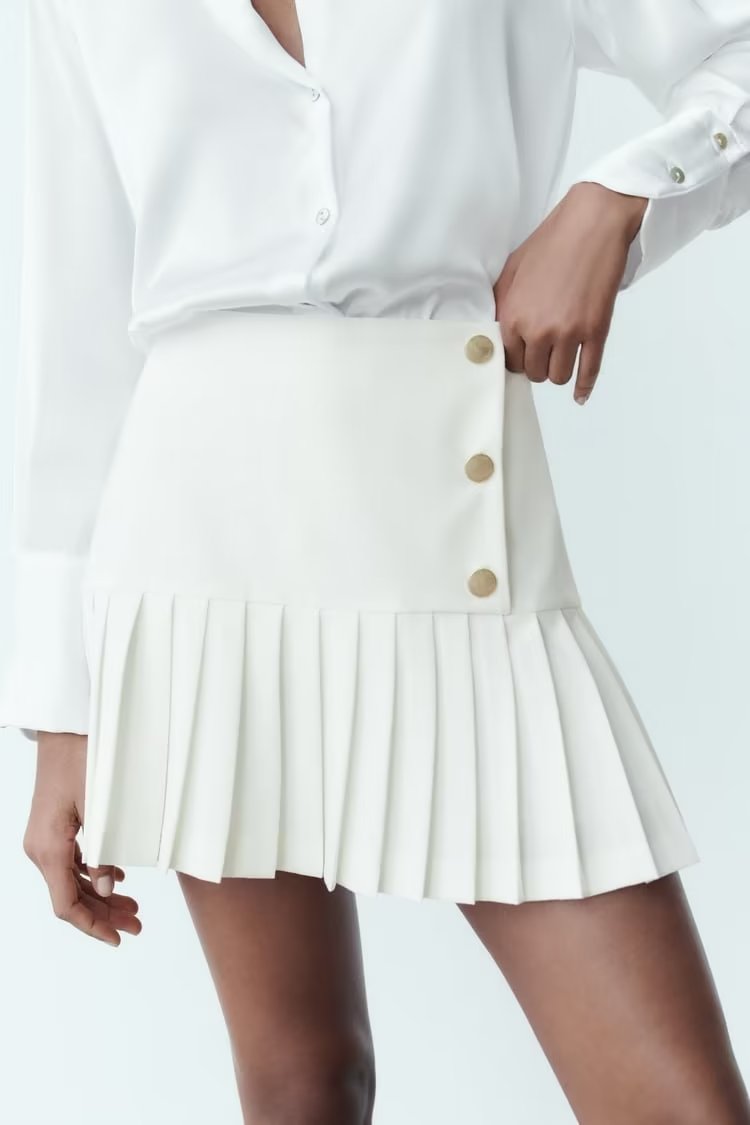 High Waist Button Pleated Mini Skirt