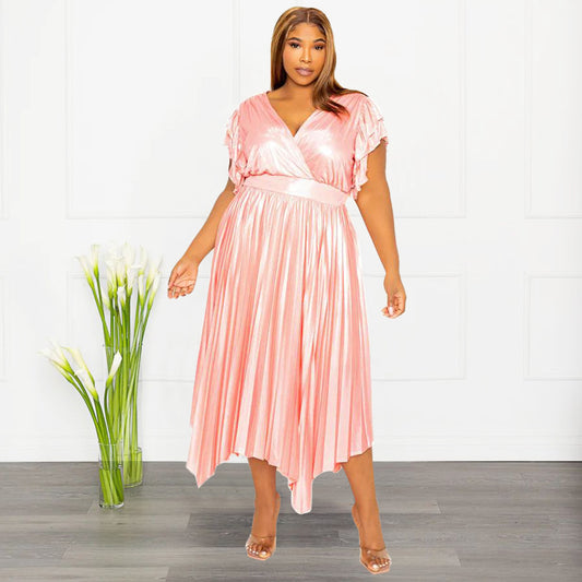 Plus Size Ruffle Pleated Long Dress