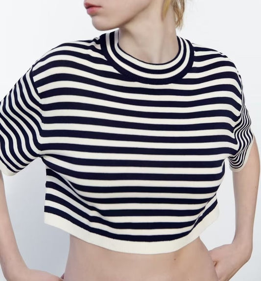 Cropped Striped Knit Top