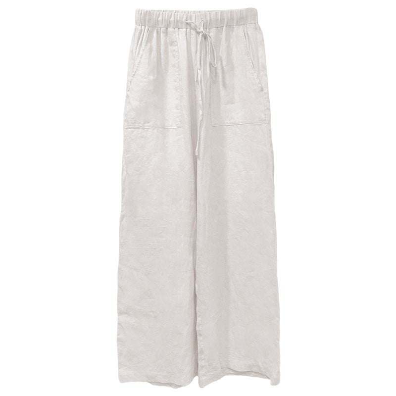 Pure Linen Lace Up Straight Leg Pants Spring Cotton Linen Women Pants Loose Drooping Casual Trousers