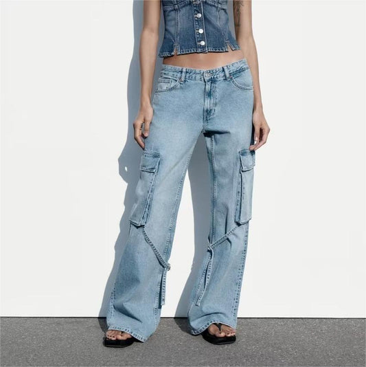 Loose Strap Mid Waist Cargo Jeans Pants