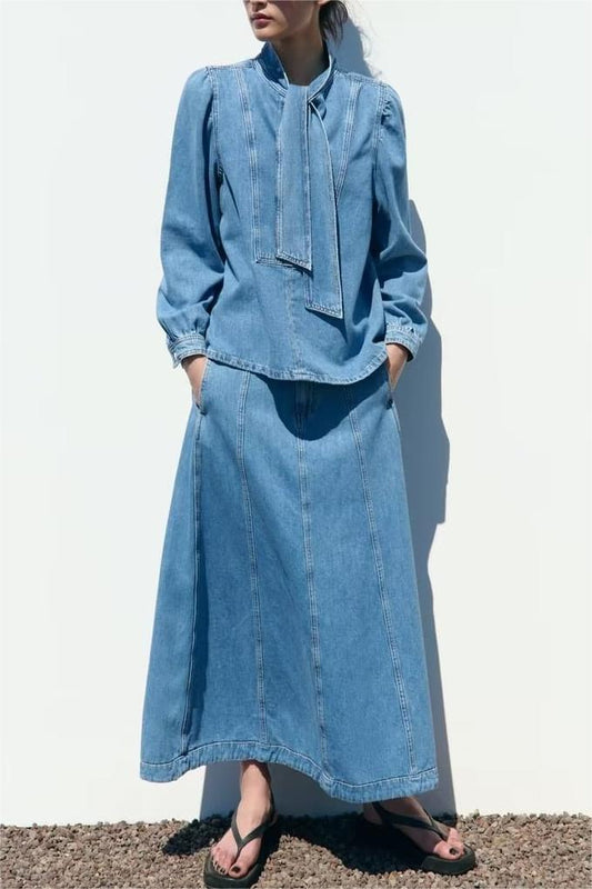 Bowknot Denim Shirt & Denim Cape Skirt Set