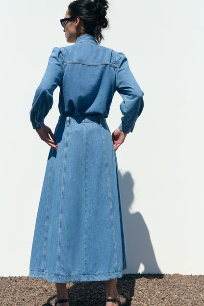 Bowknot Denim Shirt & Denim Cape Skirt Set