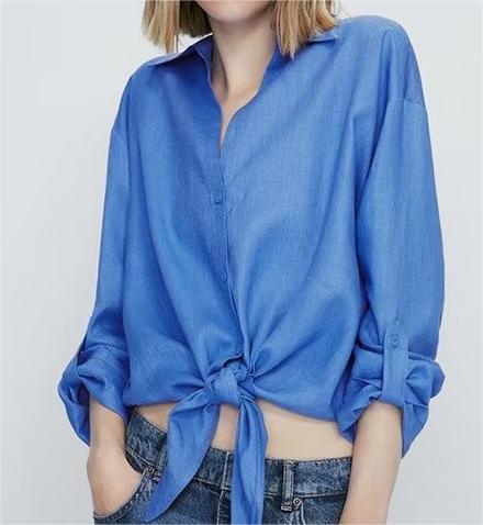 Solid Color Linen Collared Tied Blouse