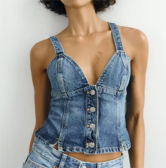 V neck Brace Single Breasted Short Denim Top