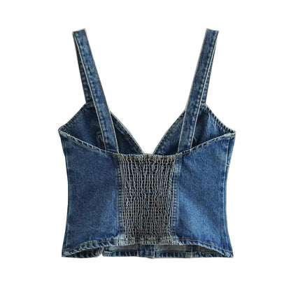 V neck Brace Single Breasted Short Denim Top