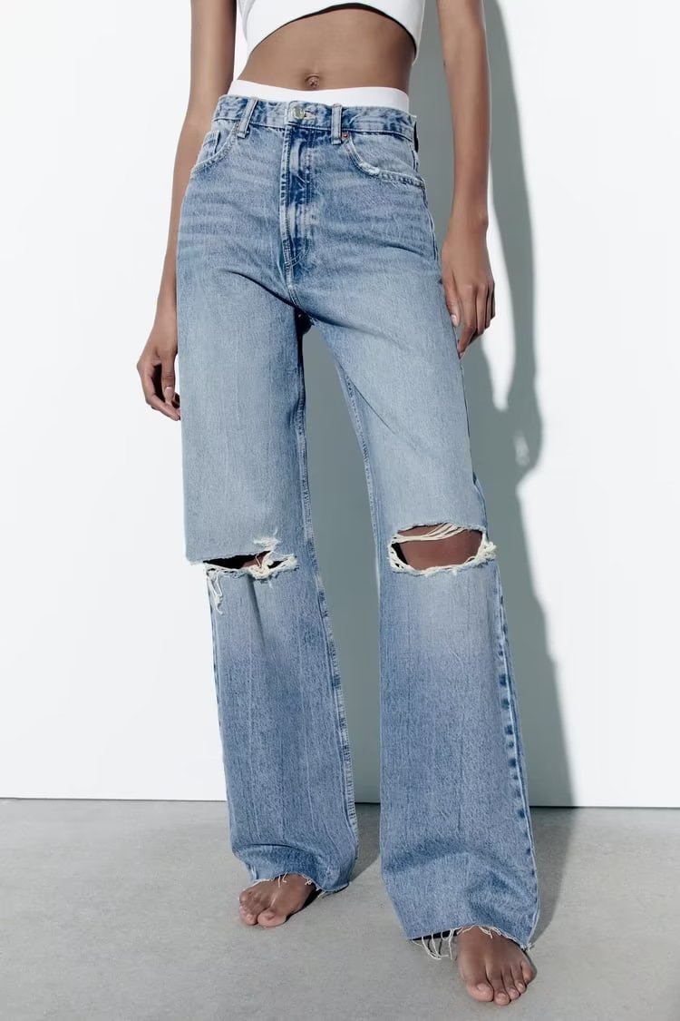 High Waist Straight Ripped Knee Jeans