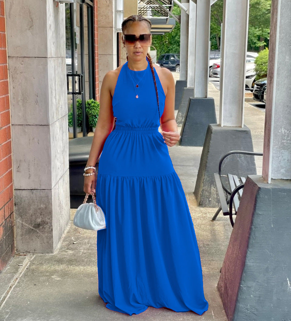 Women Clothing Dress Sling Solid Color Sleeveless Sexy Backless Large Long Summer