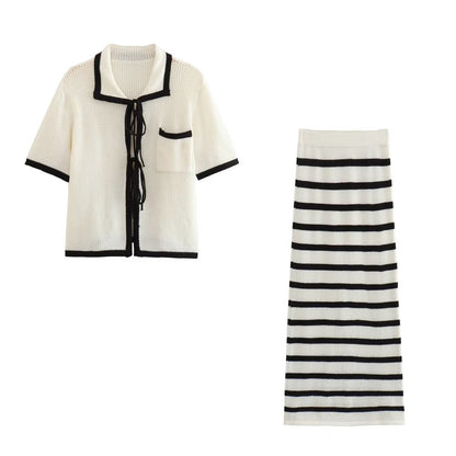 Classic Style Stripe Knitted Top & Skirt Sets