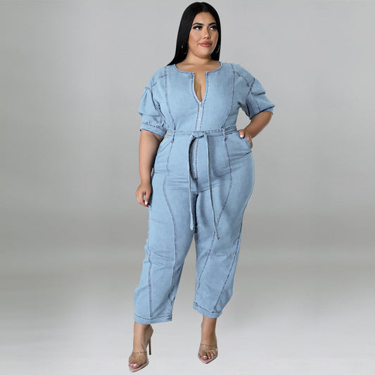 Plus Size Zipper Wash Denim Jumpsuit