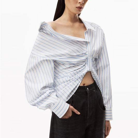 King White Striped Asymmetric Buckle Pleated Shirt